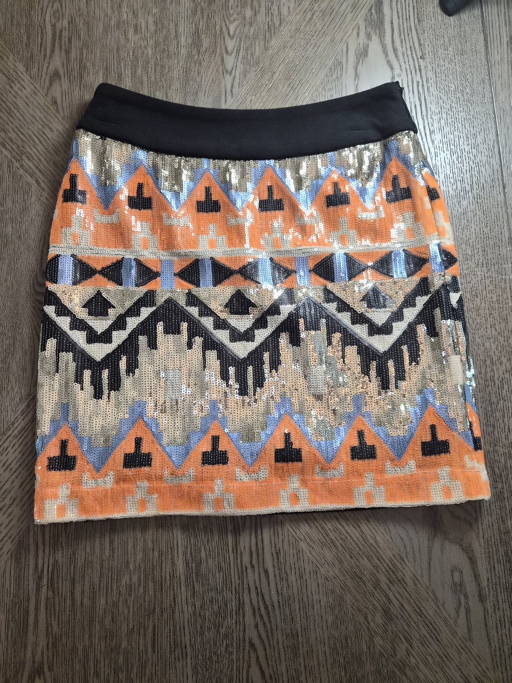 Sequin Aztec Mini Skirt in Orange and Black